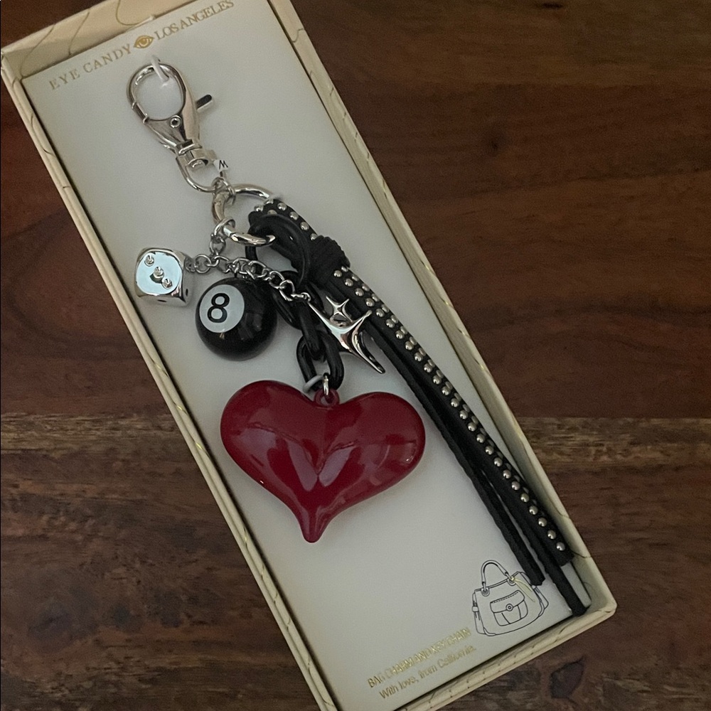 Viral Tik Tok Red Heart, Black Strap, 8 ball Bag Charm by Eye Candy Los Angeles - Picture 6 of 6